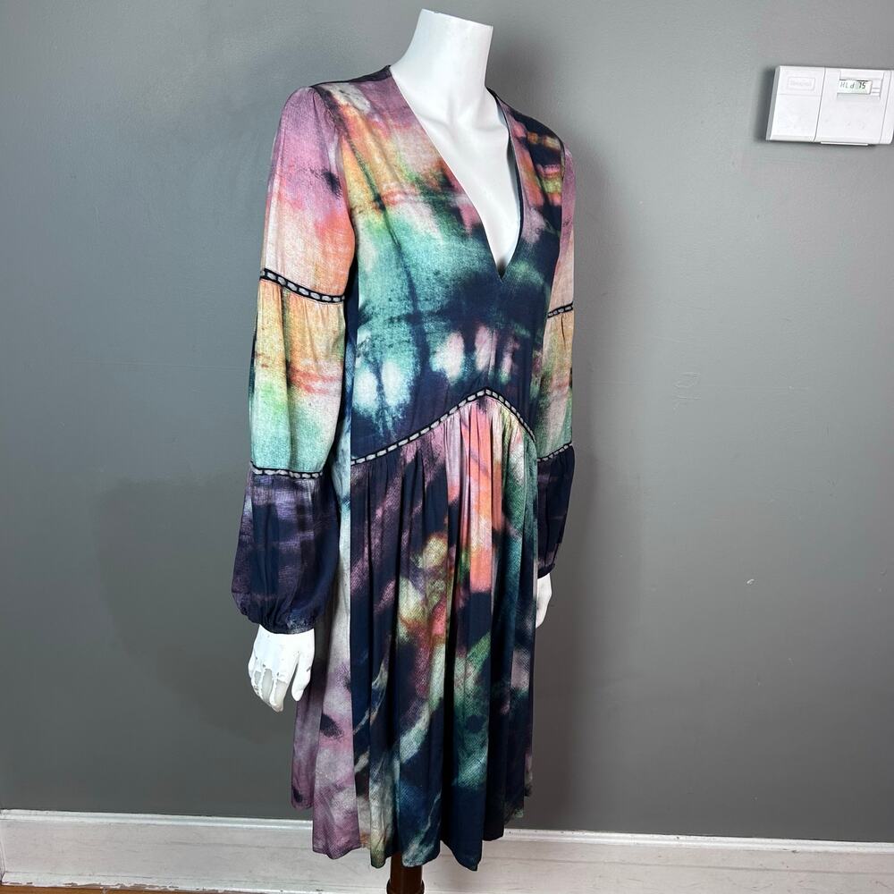 Anthropologie Multicolor Tie-Dye V-Neck Long Sleeve Dress